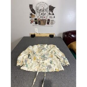 A New Day Women Floral V-Neck Long Sleeve Tie Front Blouse Sz M Cottage Country